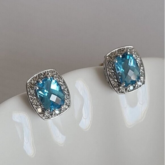 Vintage 14K White Gold Diamond Blue Topaz Square Cushion Cut Halo Stud Earrings - Picture 8 of 12